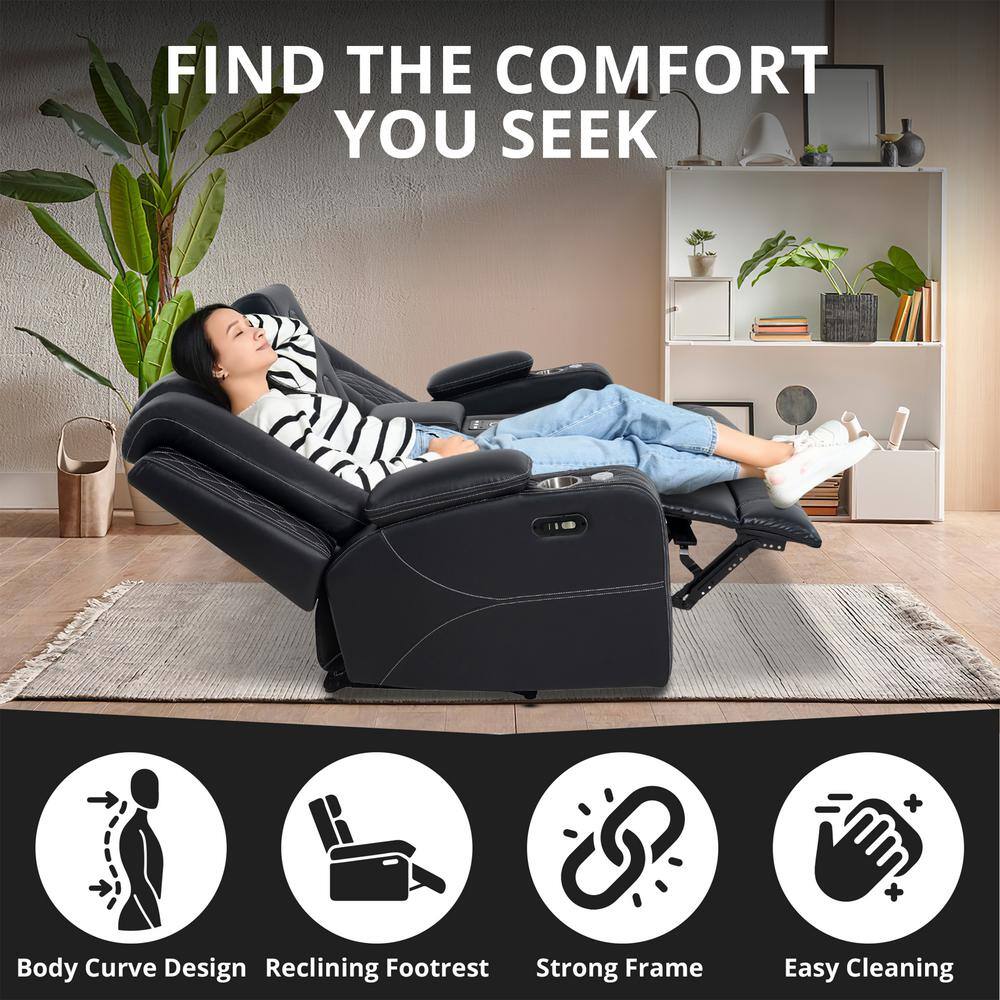 Black Faux Leather Reclining Loveseat with Cup Holders and LED Lights