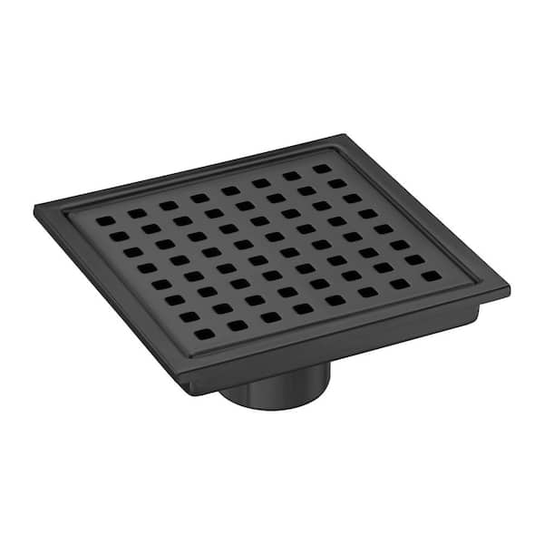 6" Square Shower Drain Black, Stainless Steel Shower Floor Drain Kit with ABS Flange, Removable Grid Cover