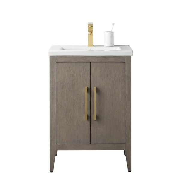24 in. W x 18.5 in D x 34 in. H Single Sink Bathroom Vanity Cabinet in Driftwood Gray with Ceramic Top in White