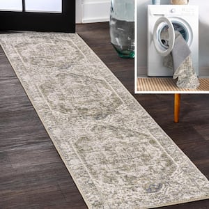 Green/Cream 2 ft. x 8 ft. Keesha Bold Distressed Medallion Low-Pile Machine-Washable Runner Rug