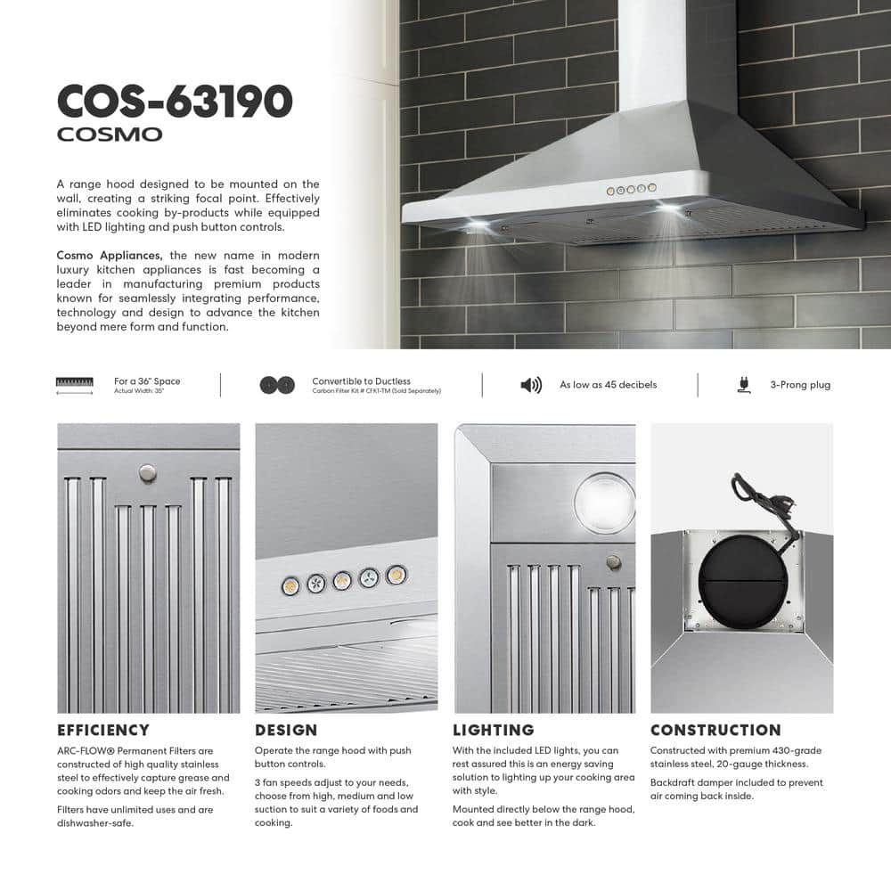 36-Inch Stainless Steel Wall Mount Convertible Range Hood
