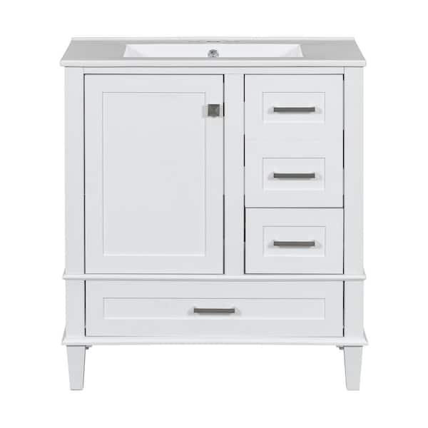 Aoibox 18 in. D x 30 in. W x 34 in. H Bath Vanity in White Bath Cabinet with Single Combo Set a Soft Closing Door and 3-Drawers