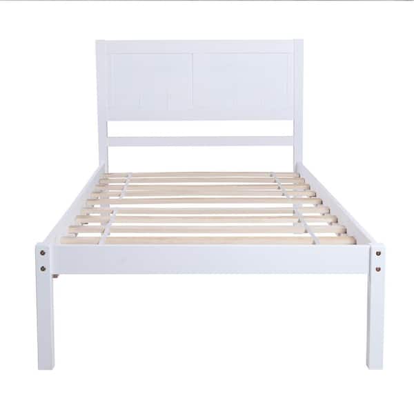 Wood White Twin Size Platform Bed with Headboard