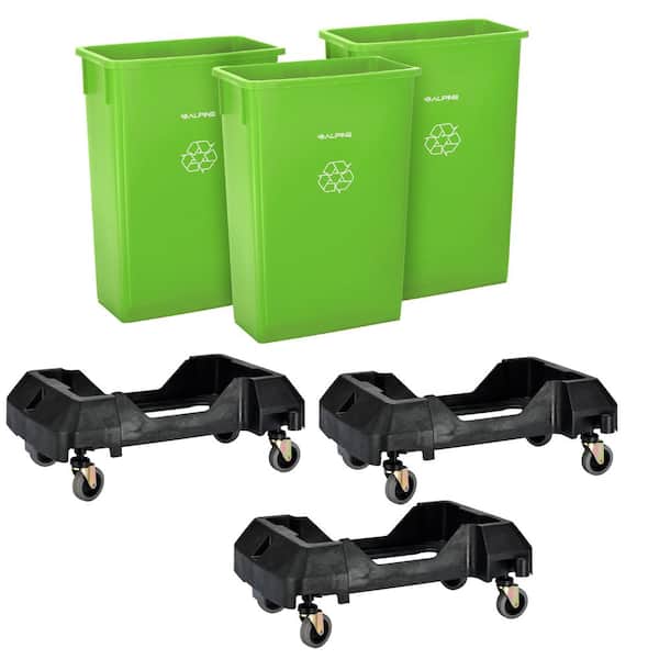 Alpine Industries 23 Gal. Lime Green Vented Commercial Slim Recycling Bin Trash Can and Dolly (3-Pack)