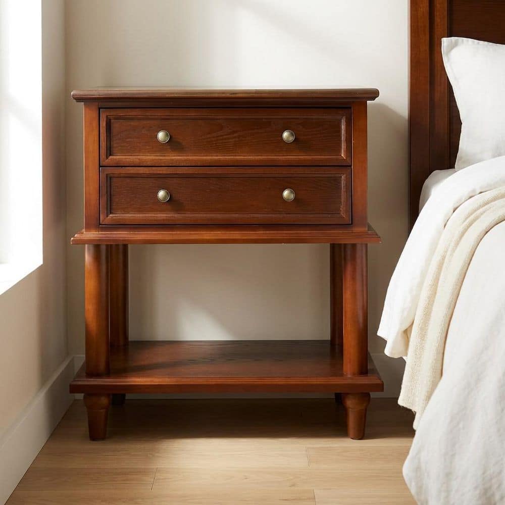 Brown 2 Drawer 23.6 in. W Nightstand with Lower Shelf, Solid Wood Legs, Round Metal Knobs For Bedroom Storage price history on PriceWatchPro