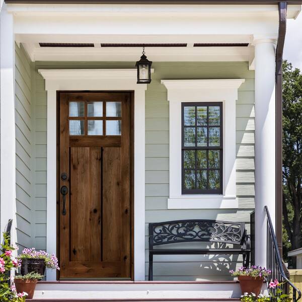 36 in. x 96 in. Craftsman Knotty Alder Right Hand 6-Lite Clear Low-E Black Stain Wood Single Prehung Front Door