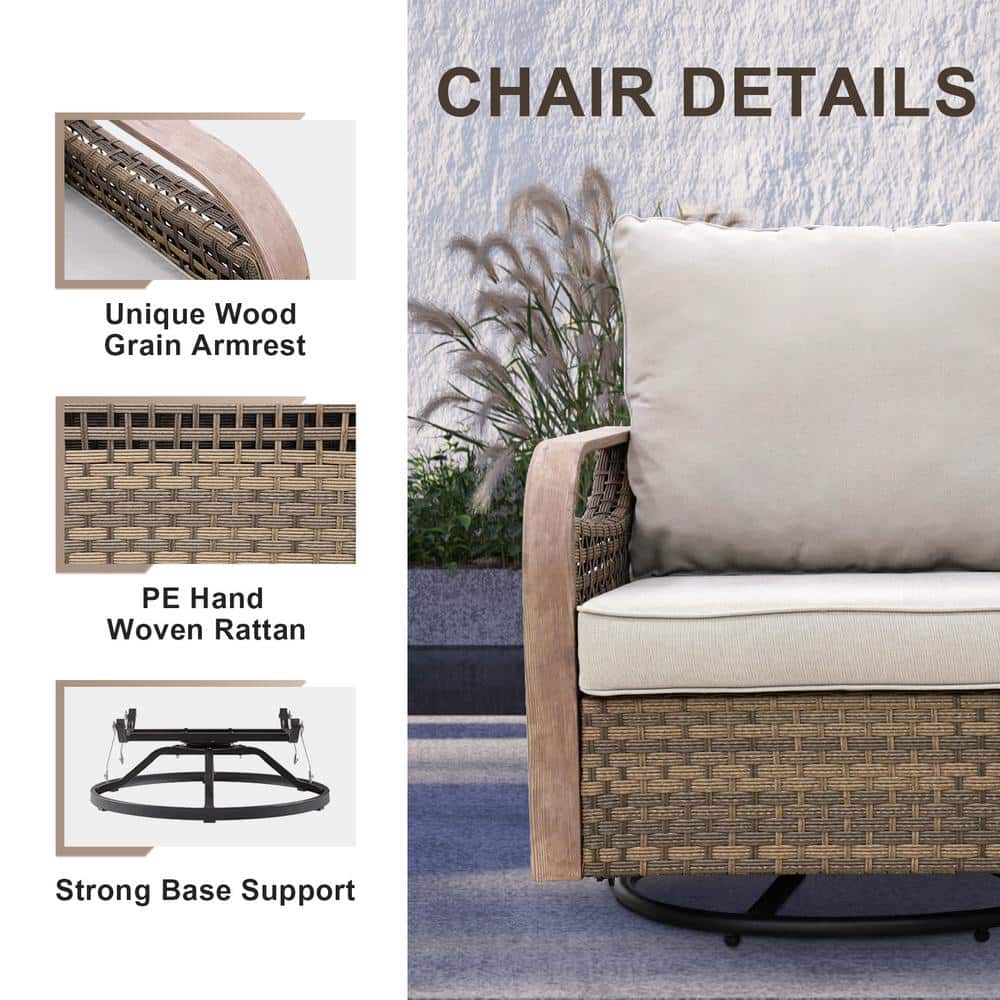 5-Piece Brown Wicker Outdoor Sofa Seating Group with Gray Cushions