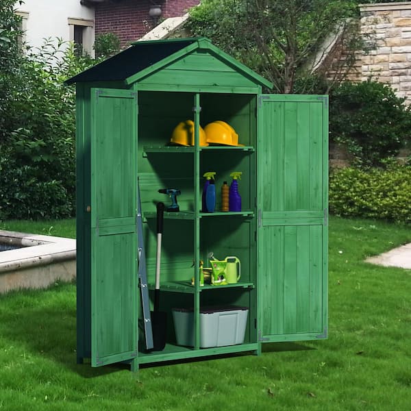 Outdoor 35.6 in. x 18.1 in. x 66.15 in. Wood Storage Shed Garden Tool Cabinet Waterproof Asphalt Roof Double Doors Green