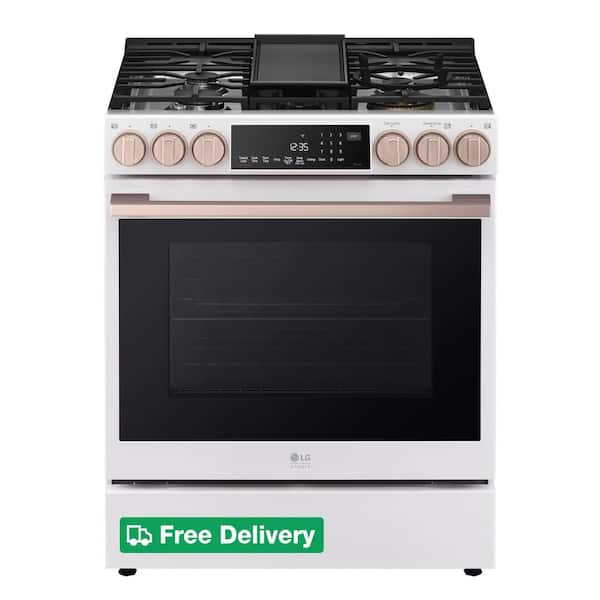 STUDIO 6.3 cu. ft. SMART Slide-in Gas Range in Essence White with ProBake Convection, Easy Clean, Instaview & Air Fry