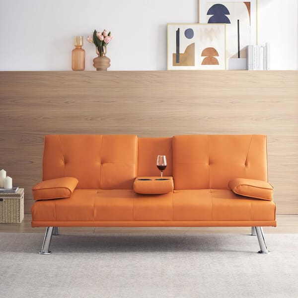67 in. Square Arm Faux Leather Rectangle Sofa with Sofa Bed in Orange (Seats 3)