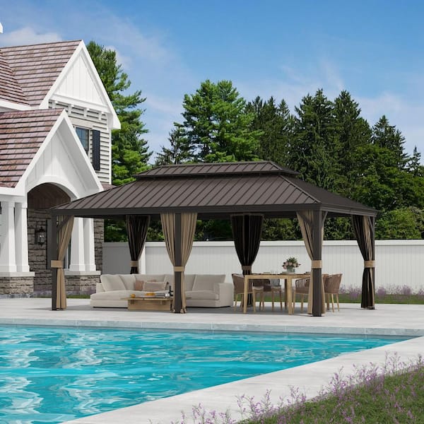 12 ft. x 20 ft. Aluminum Frame Hardtop Gazebo Double Iron Roof Gazebo with Mesh and Curtains