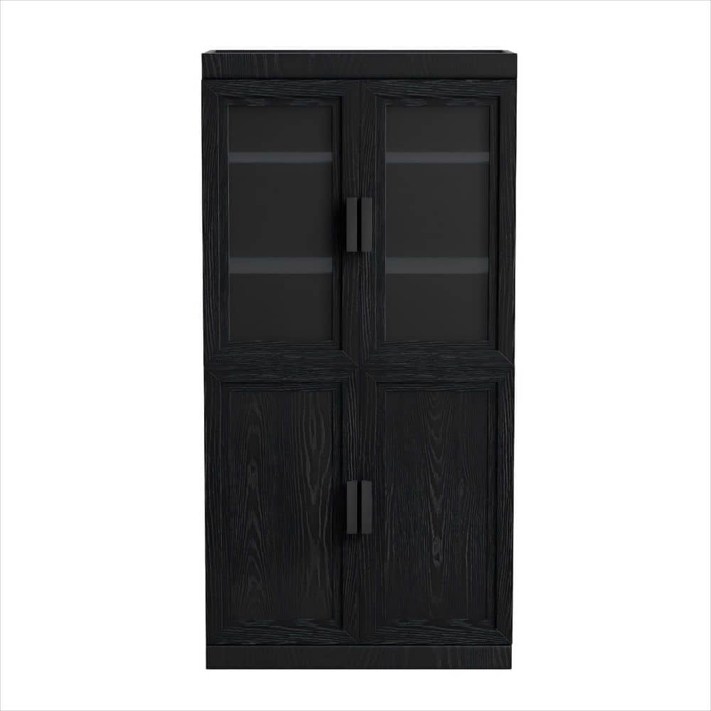 62 in. Tall Black Wood 4-Shelf Standard Bookcase with Adjustable Shelves, Glass Doors Storage