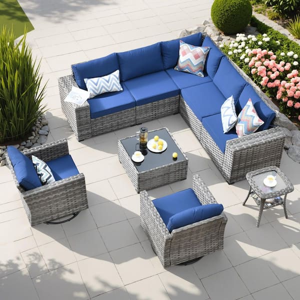 HOOOWOOO Crater Grey 9-Piece Wicker Wide-Plus Arm Patio Conversation Sofa Set with Swivel Rocking Chairs and Navy Blue Cushions