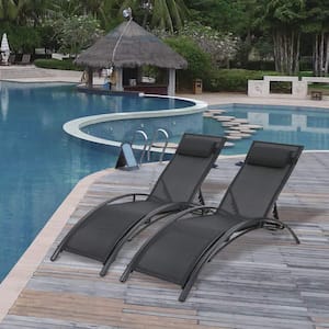 Black Metal with Black Fabric Adjustable Recliner Outdoor Chaise Lounge Chair, with Headrest, for Sunbathing on Backyard