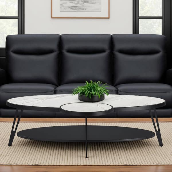 Banks Contemporary Modern 53 in. White Oval Sintered Stone Top Coffee Table with Flared Metal Legs