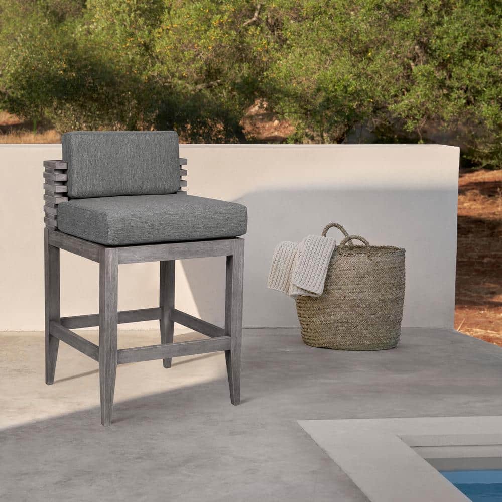 Vivid Counter Height Eucalyptus Wood Outdoor Barstool with Light Gray Cushi