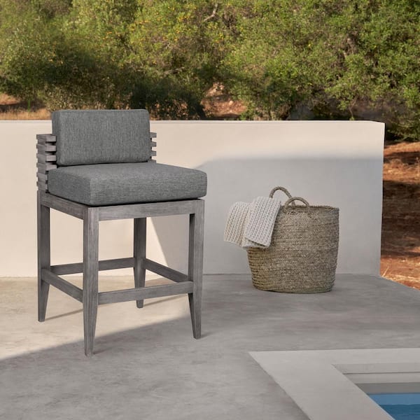 Vivid Counter Height Eucalyptus Wood Outdoor Barstool with Light Gray Cushion
