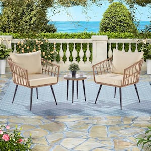 3-Piece Wicker Outdoor Serving Bar Sets Patio Conversation Sets with Beige Cushion