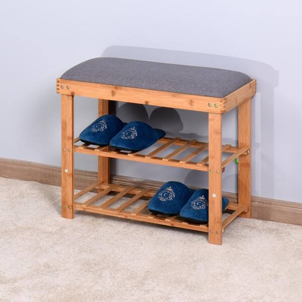 Natural Bamboo Wood Shoe Rack Bench 3-Tier Shoes Organizer Entryway Seat Storage 