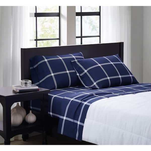 Truly Soft Printed Windowpane 3-Piece White/Navy Microfiber Twin Sheet Set