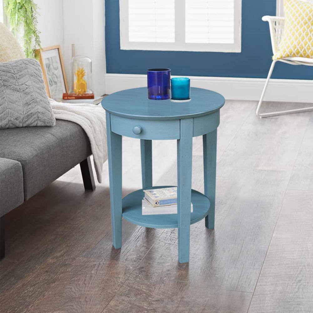 Ocean Blue Round Wooden Accent Table with Storage