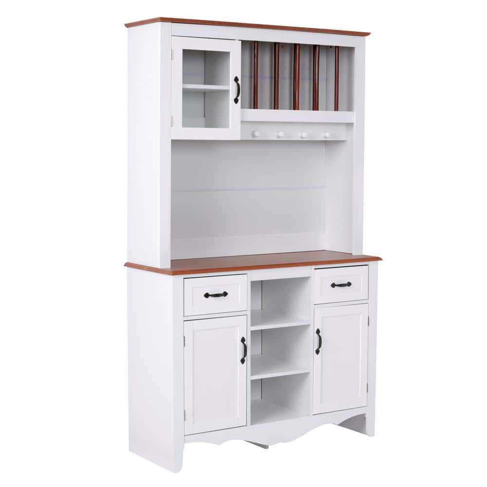White and Pine Multi-Functional China Cabinet with Glass Doors