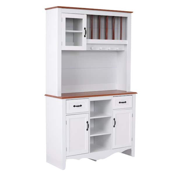 OS Home and Office Furniture Farmhouse Series White Kitchen Buffet and Hutch with 2-Drawers and Framed Glass Door