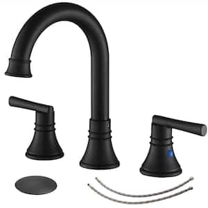 8 in. Widespread Double Handle Bathroom Faucet Deck Mount 3 Hole Sink Faucets with Pop-Up Drain Kit in Matte Black