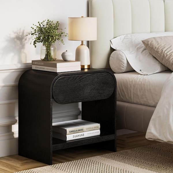 Iris Black 1-Drawer Mid-Century Modern Rounded Wood with Drawer Nightstand, Bedside Table for Bedroom or Living Room