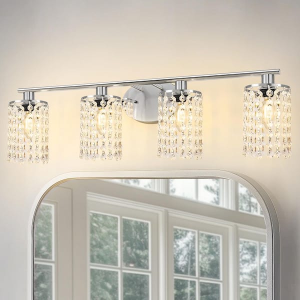 32 in. 4-Lights Chrome Crystal Bathroom Vanity Light, Bahtroom Lights Over Mirror, Wall Sconce for Bathroom Kitchen