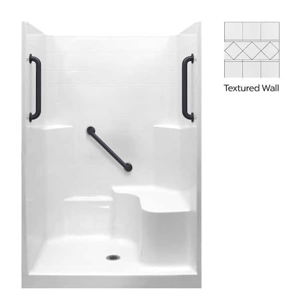 Liberty 37 in. x 48 in. x 80 in. Alcove 1-Piece Shower Wall and Shower Pan in White with 3 Black Grab Bars, Right Seat