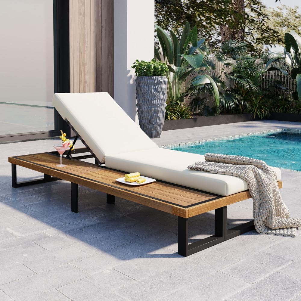 Acacia Wood Outdoor Adjustable Lounge Chair,with Beige Cushion and Wood Side Table Sturdy Frame