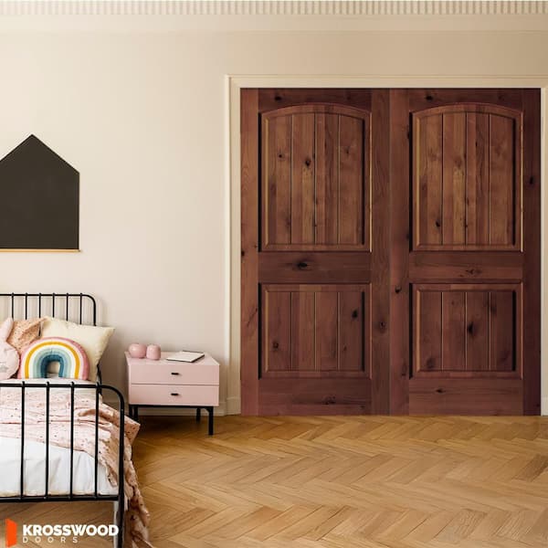 60 in. x 80 in. Rustic Knotty Alder 2-Panel Arch Top VG Both Active Red Mahogany Stain Wood Double Prehung Interior Door