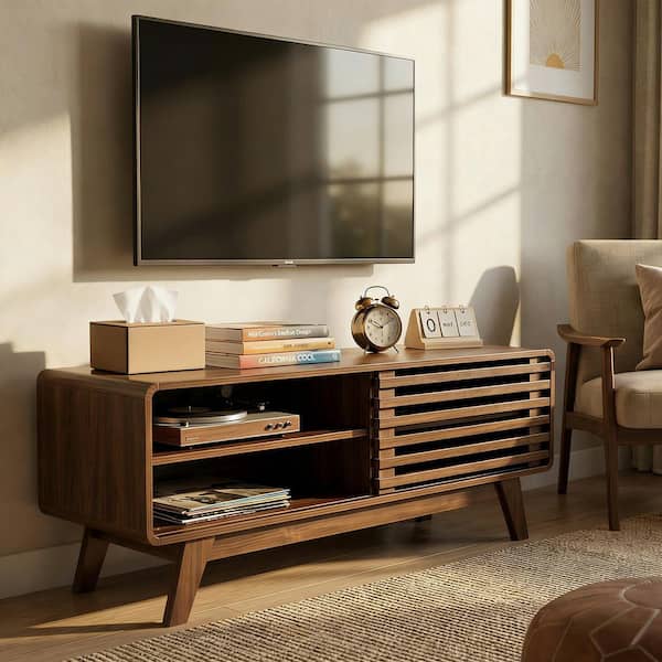 Laviron Modern Walnut TV Stand Fits TVs up to 50 in. with Slatted Sliding Door and Storage Shelves