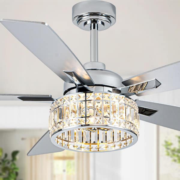 Luminelle 52 in. Indoor Chrome and Silver Crystal Ceiling Fan with Light Kit and Remote, 6 Speed DC Motor Chandelier Fan