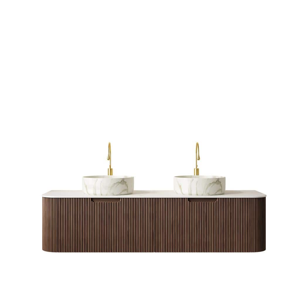 60 in. Floating Dark Walnut Bath Vanity with Carrara White Sintered Stone Top and 2 Stone White Round Ceramic Basins price history on PriceWatchPro