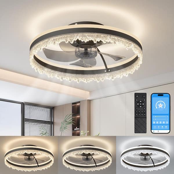 Virella 20 in. LED Indoor Black Bladeless Flush Mount Low Profile Ceiling Fan with Dimmable, 3-CCT, DC Motor, Remote