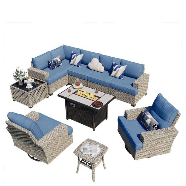 Torino 10-Piece Wicker Outdoor Patio Conversation Sofa Sectional Chairs Set with Metal Fire Pit and Denim Blue Cushions