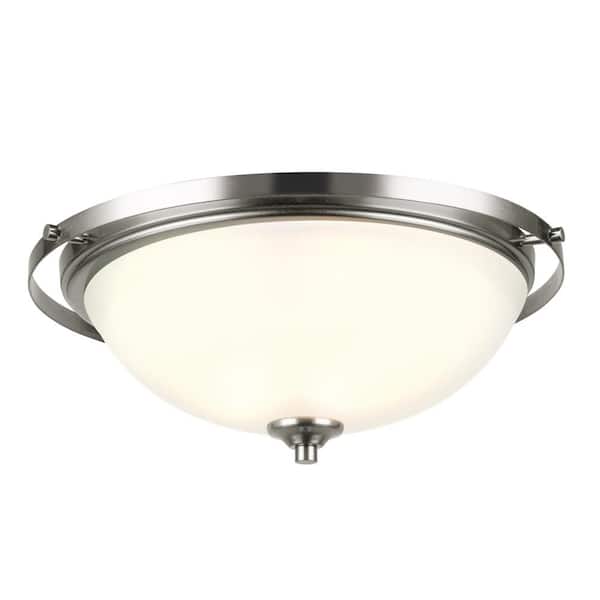 Globe Electric 14.17 in. 2-Light Brushed Steel Flush Mount with Frosted White Glass Shade