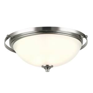 14.17 in. 2-Light Brushed Steel Flush Mount with Frosted White Glass Shade