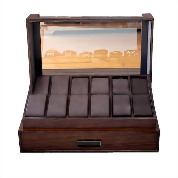 12 Slot Wooden Watch Case With Drawer and Glass Lid, 2-Layer Watch Holder for Jewelry and Watch Storage, Brown