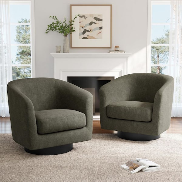 Modern Tan Chenille Upholstered 360°Swivel Accent Arm Barrel Chair With Wood Base(Set of 2)