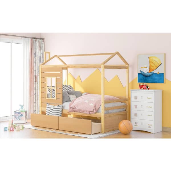 Solid & Sturdy Wood Tent Bed with Roof and Window Design for Toddlers, House  Beds with Fence, Wood Loft Bed Frame Bedroom Furniture for Girls  Boys(White+Natural-Full) 