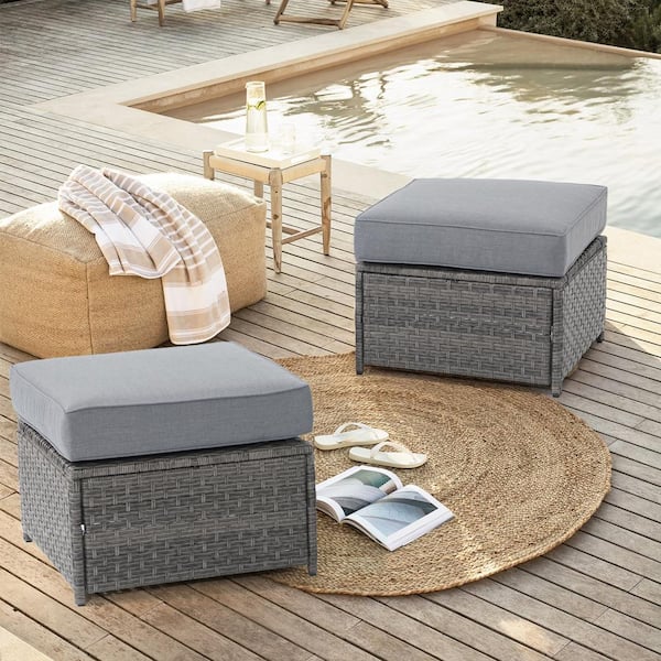 Freestyle 2-Piece Wicker Grey Outdoor Patio Ottomans with Grey Cushion ...