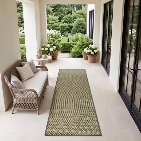 Courtyard 2 ft. x 10 ft. Green All-Over Design Contemporary Runner Area Rug