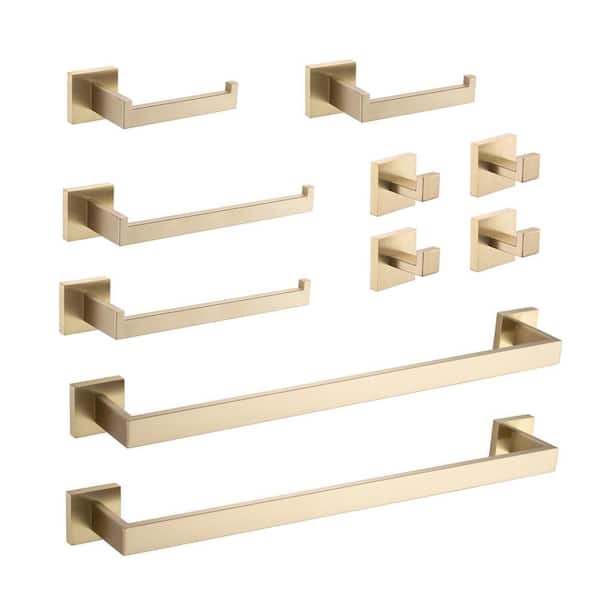 Interbath 10-Piece Bath Hardware Set with Towel Bar Toilet Paper Holder Towel Hook in Stainless Steel Brushed Gold