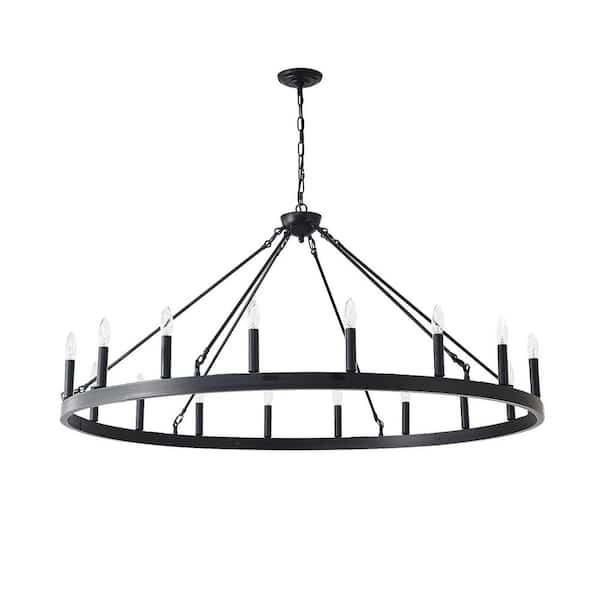 Avex 18-Light Matte Black Wagon Wheel Pendant Light with Iron Frame, No Bulbs Included