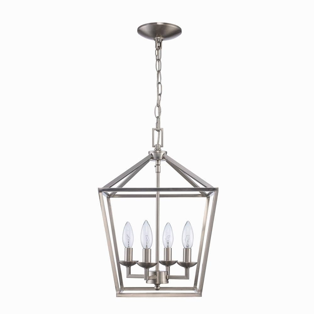 Home Decorators Collection Weyburn 4-Light Brushed Nickel Caged Farmhouse Dining Room Chandelier, Lantern Kitchen Pendant Lighting