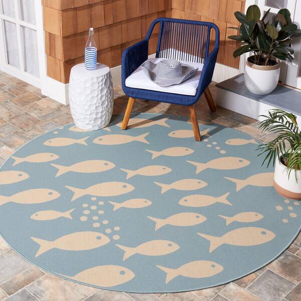 Courtyard Aqua/Beige 5 ft. x 5 ft. Novelty Fish Indoor/Outdoor Patio  Round Area Rug
