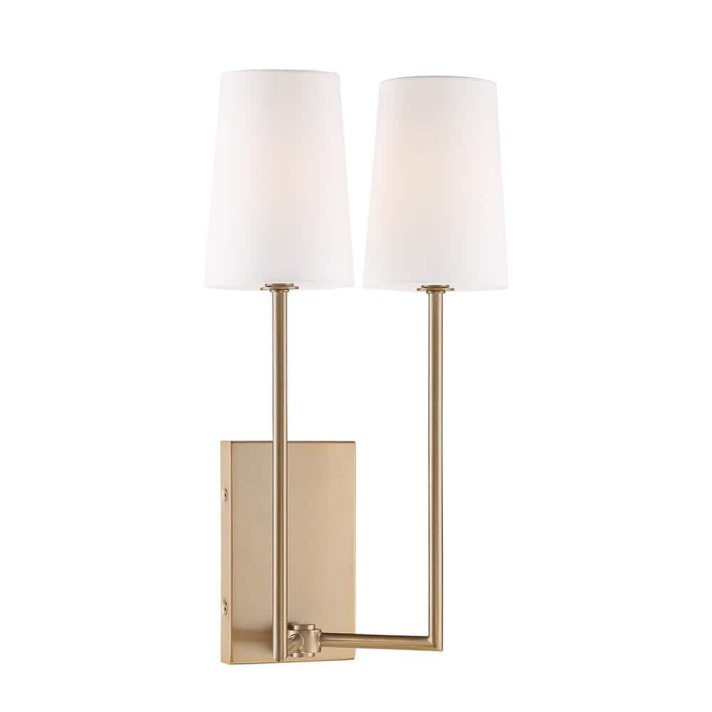 Vibrant Gold Double Light Sconce with White Silk Shades